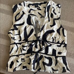 Tullea Black and White Tie-Front V-Neck Sleeveless Blouse with Abstract Print